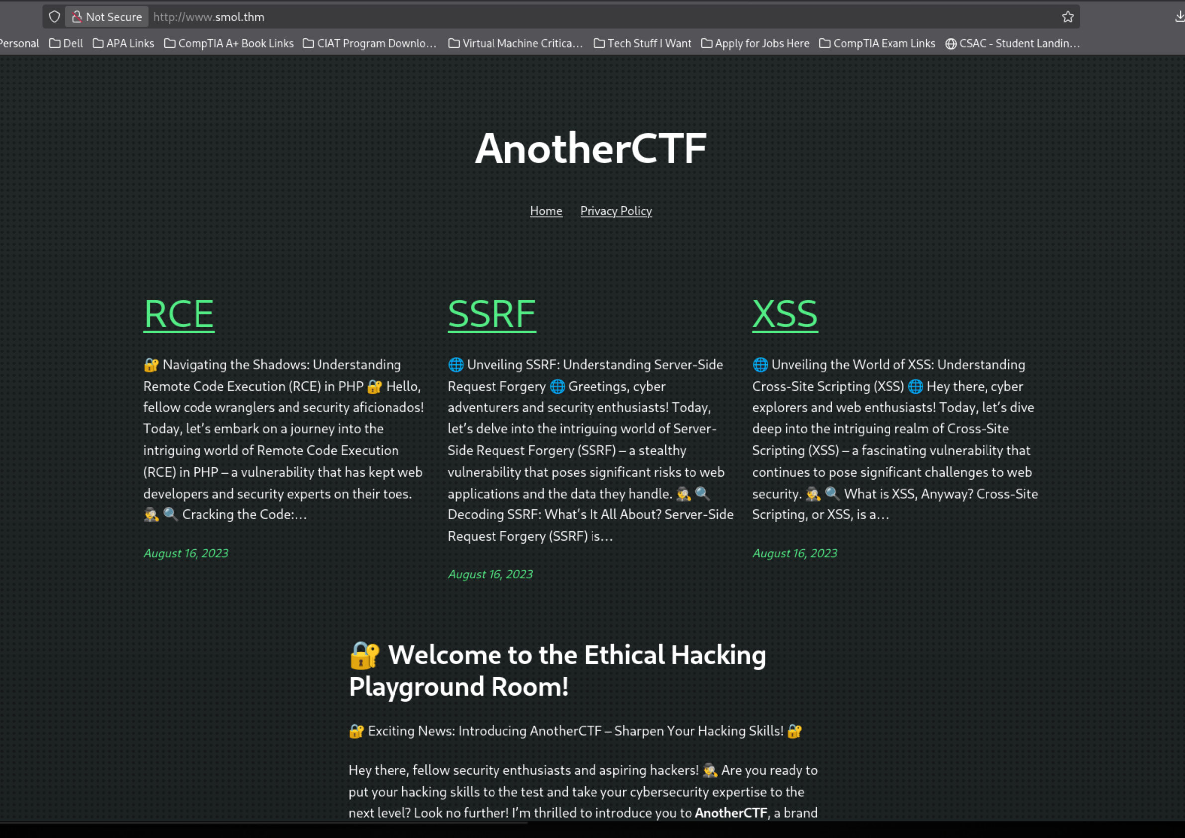 AnotherCTF WordPress homepage on the Smol target